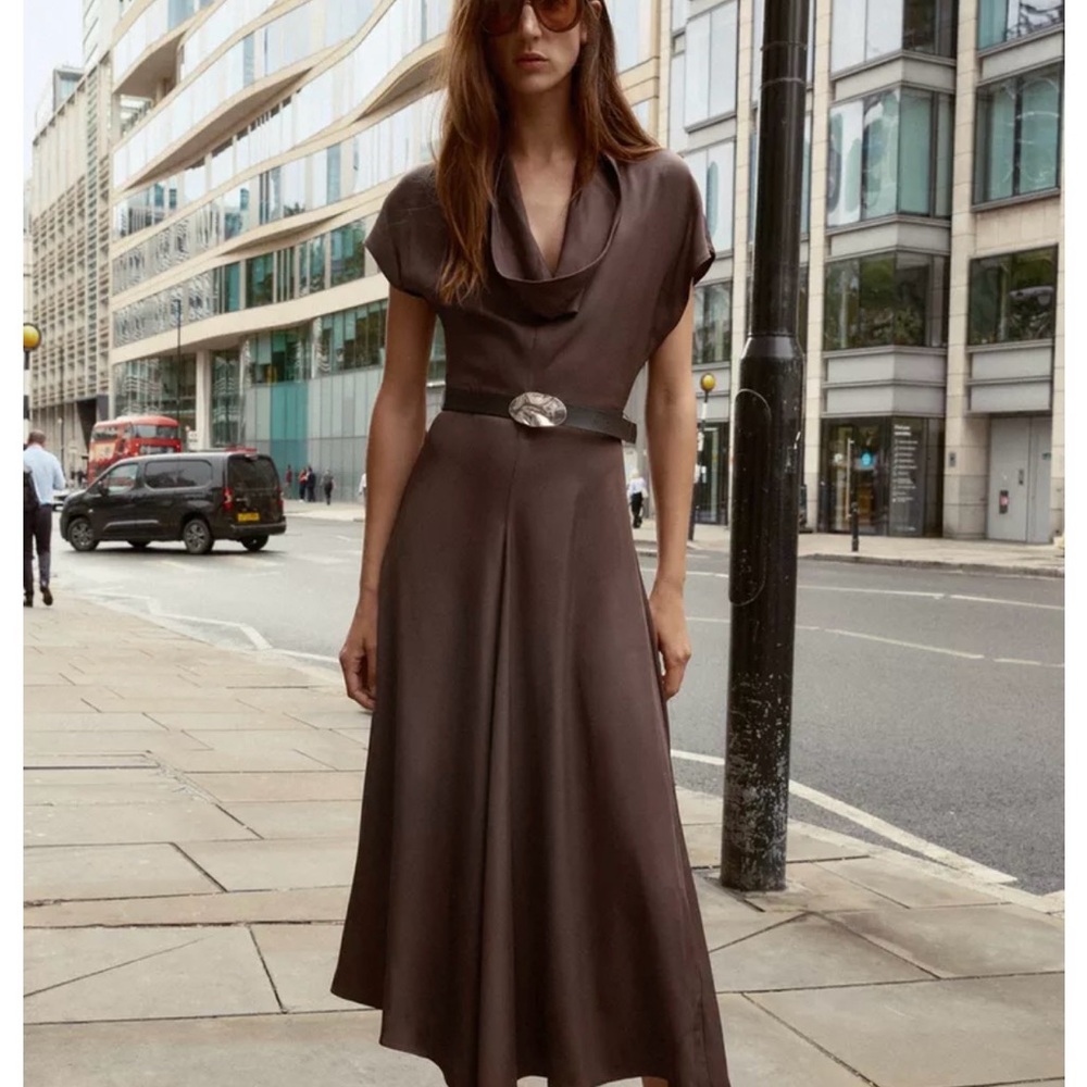 BELTED DRAPED NECK MIDI DRESS